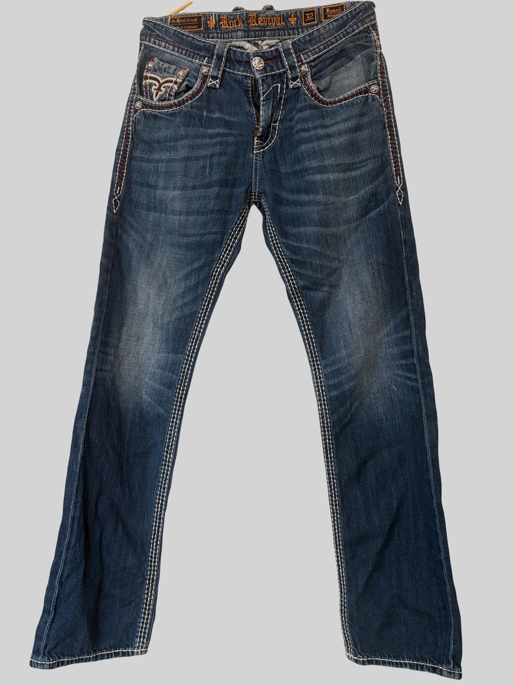 Rock Revival Indigo Blue Embroidered Pocket Bootcut Jeans 34 long